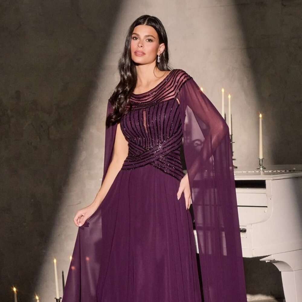 New Eggplant Sequins Embellished Evening Gown w/Cape Sleeves & Boat Neck CD CL08